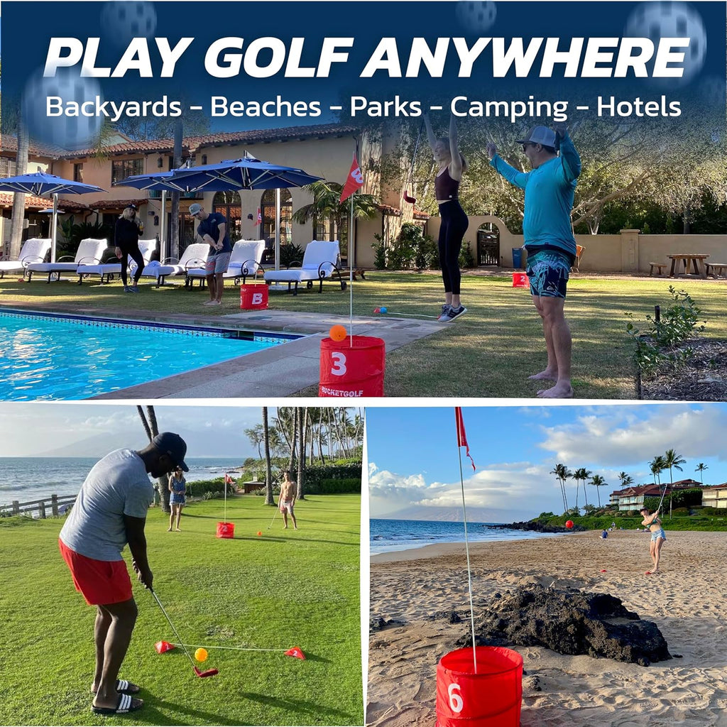 bucketgolf Game 9 Hole Bundle with Clubs - Outdoor Golf Game for All Ages Adults, Kids, Family. Play Golf Anywhere Yards, Beach, Park, Backyard Game. (2 Clubs (2 RH))