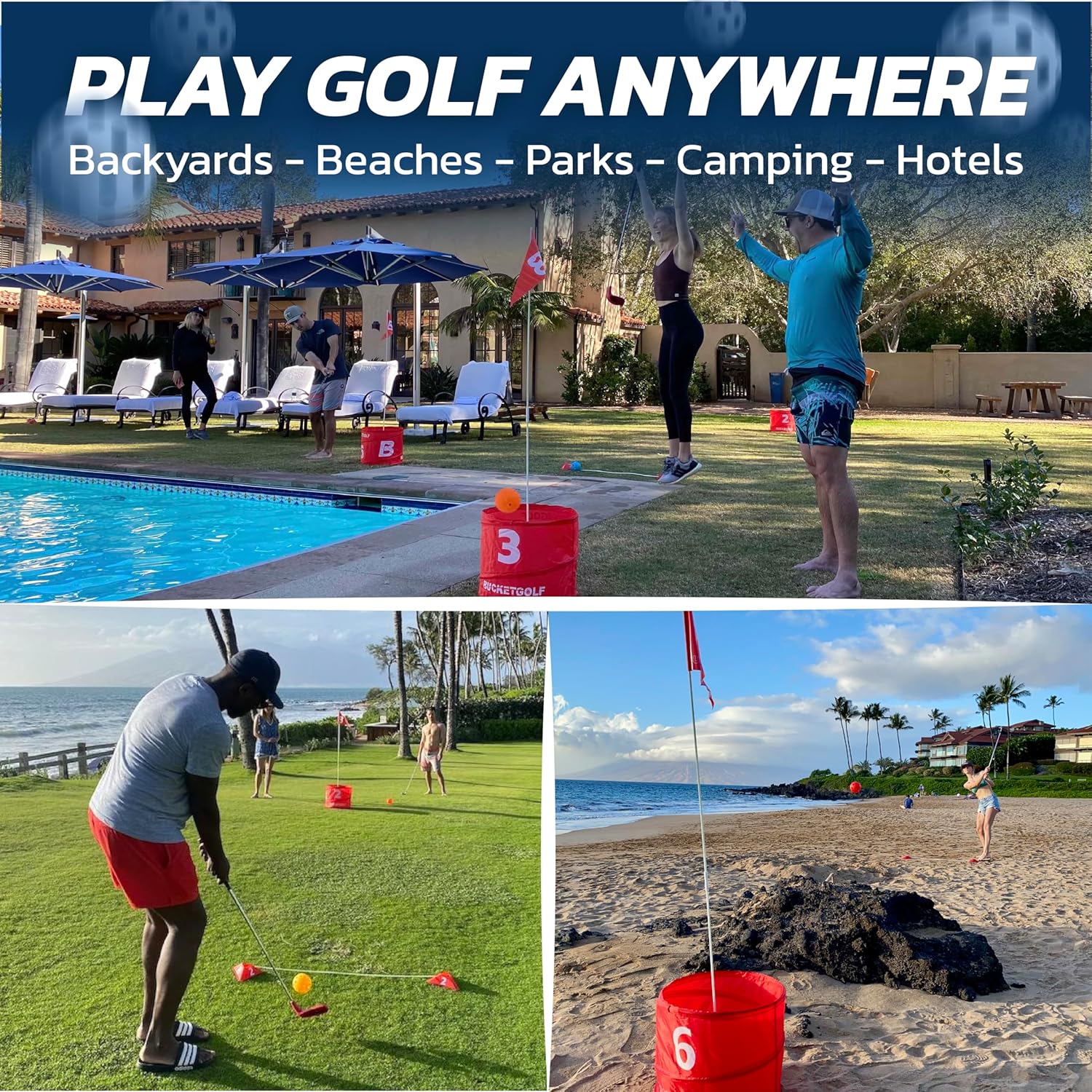 bucketgolf Game 9 Hole Bundle with Clubs - Outdoor Golf Game for All Ages Adults, Kids, Family. Play Golf Anywhere Yards, Beach, Park, Backyard Game. (2 Clubs (2 RH))