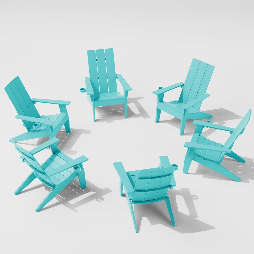 MXIMU Modern Adirondack Chairs Set of 4 Weather Resistant with Cup Holder Oversize Plastic Fire Pit Chairs Plastic Outdoor Chairs for Firepit Area Seating (Black)
