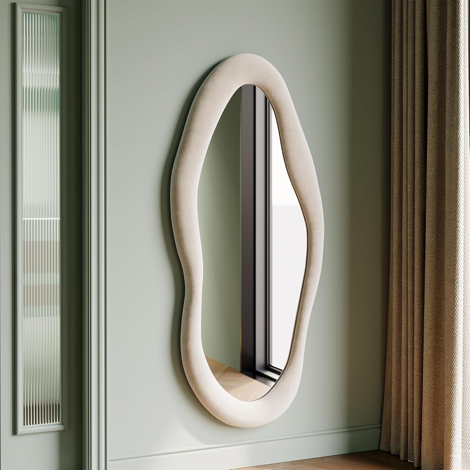 Honyee Full Length Mirror, 63" x 24" Wall Mirror, Flannel Wrapped Wooden Frame Full Body Mirror, Irregular Wavy Mirror Hanging or Leaning Against Wall for Cloakroom/Bedroom/Living Room, Ivory White