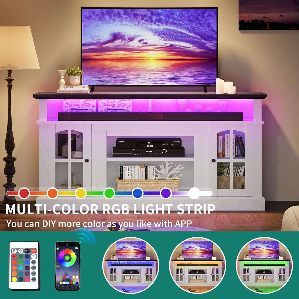 LED Farmhouse TV Stand for TV up to 75" w/Outlets, Highboy Media Entertainment Center Console Table Adjustable Storage Shelves &Cabinet Glass Door for 400lbs for Living Room