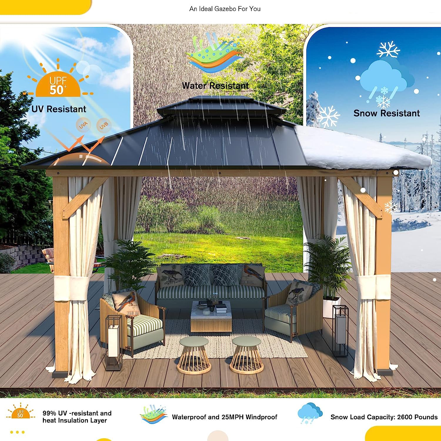💝Clearance sale✨11′ft x 13′ft Solid Wood Gazebo， With Privacy Curtain And Mosquito Net（brown）