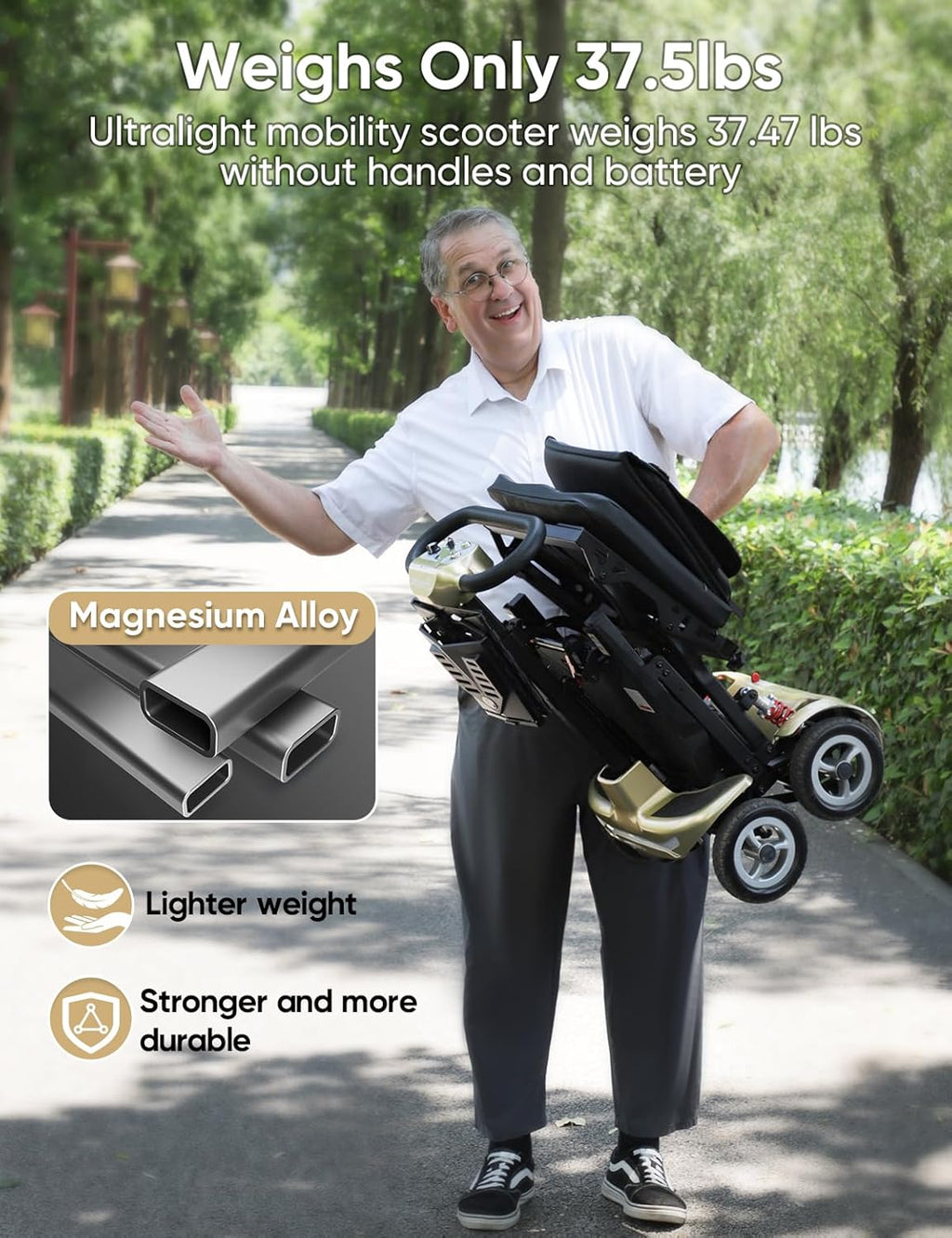 Mobility Scooter for Adults, Seniors - 37.5 lbs Ultra Lightweight Folding Mobility Scooters for Seniors Airport Approved, All Terrain 4 Wheel Motorized Scooter for Travel, 275 lbs Capacity, Blue