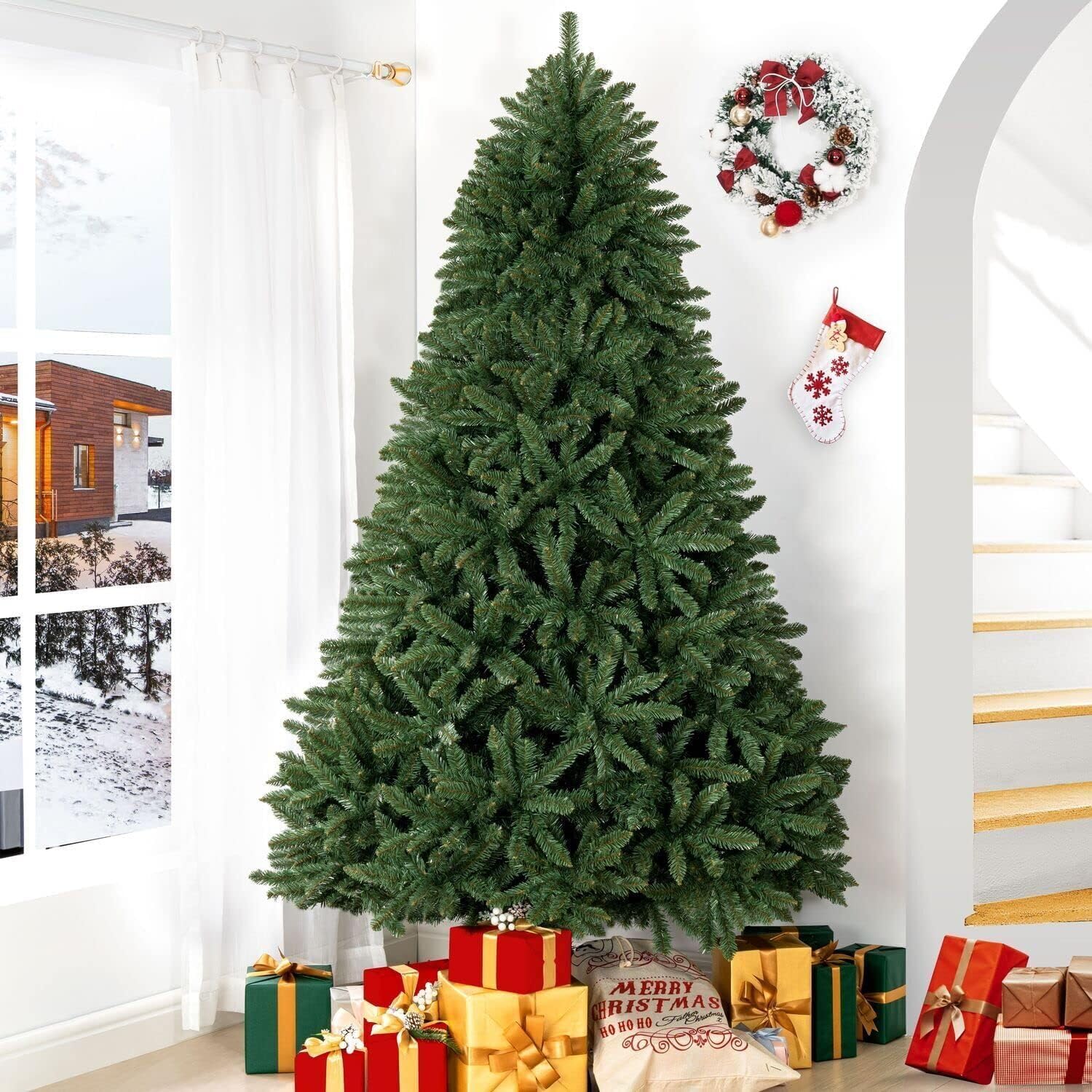 Naomi Home 6.5ft Rustic Christmas Tree with Lights, Realistic Classic Prelit with 2595 Branch Tips, 600 Warm Lights and Metal Stand, Aritificial Tree