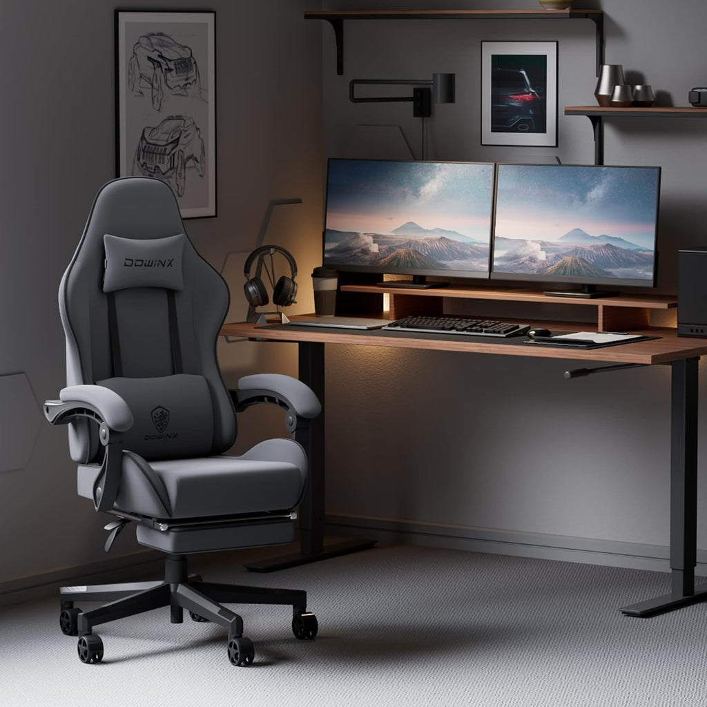 Dowinx Gaming Chair Fabric with Pocket Spring Cushion, Massage Game Chair Cloth with Headrest, Ergonomic Computer Chair with Footrest 290LBS, Blue and Grey