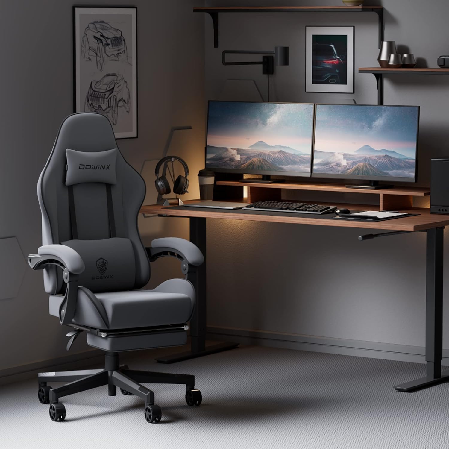 Dowinx Gaming Chair Fabric with Pocket Spring Cushion, Massage Game Chair Cloth with Headrest, Ergonomic Computer Chair with Footrest 290LBS, Blue and Grey