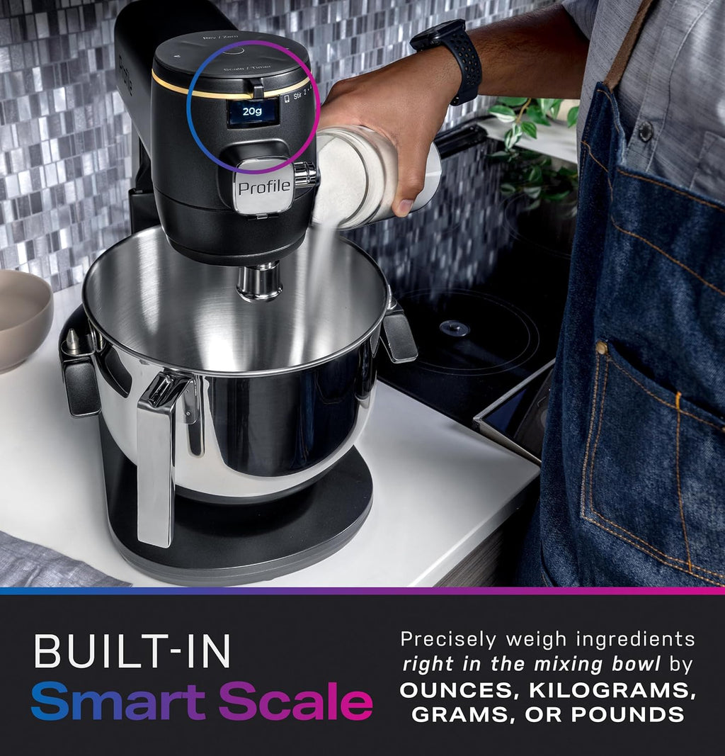 GE Profile Smart Stand Mixer w/Built-In Smart Scale & Auto Sense Technology, 7qt Stainless Steel Bowl, 11 Speed l Dough Hook, Beater, 11-wire whip l works w/Amazon Alexa & Google Home l Stone White
