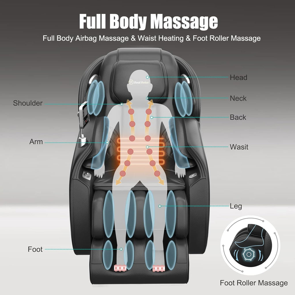 Real Relax 2025 Massage Chair Full Body, Zero Gravity SL-Track Shiatsu Massage Recliner with Heat, APP Control, Child Lock, Body Scan Bluetooth Foot Roller, Favor 06, All Black