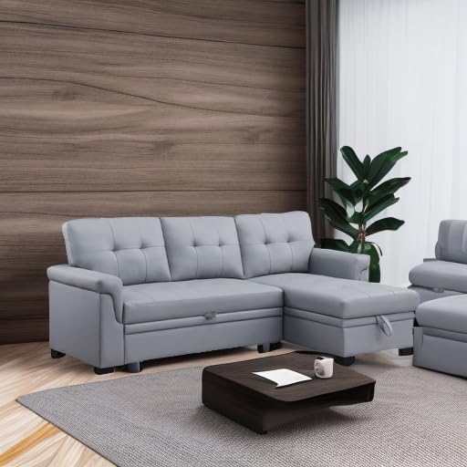 Lilola Home Lucca 84-inch Reversible Sleeper Sectional Sofa with Pull-Out Bed & Storage Chaise, Dark Gray Linen Fabric, Tufted Back, Modern Compact Couch for Living Room, Easy Assembly