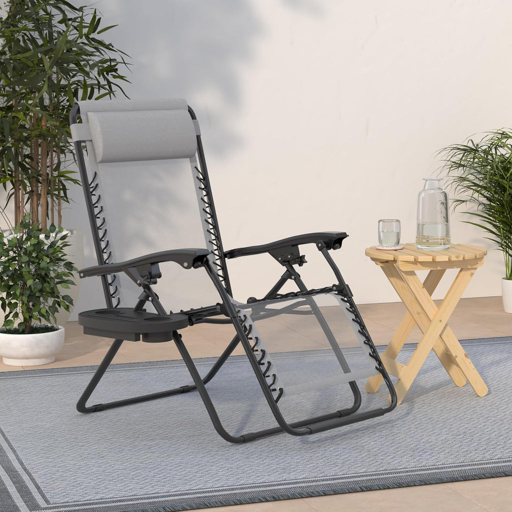 Best Choice Products Set of 2 Adjustable Steel Mesh Zero Gravity Lounge Chair Recliners w/Pillows and Cup Holder Trays - Beige