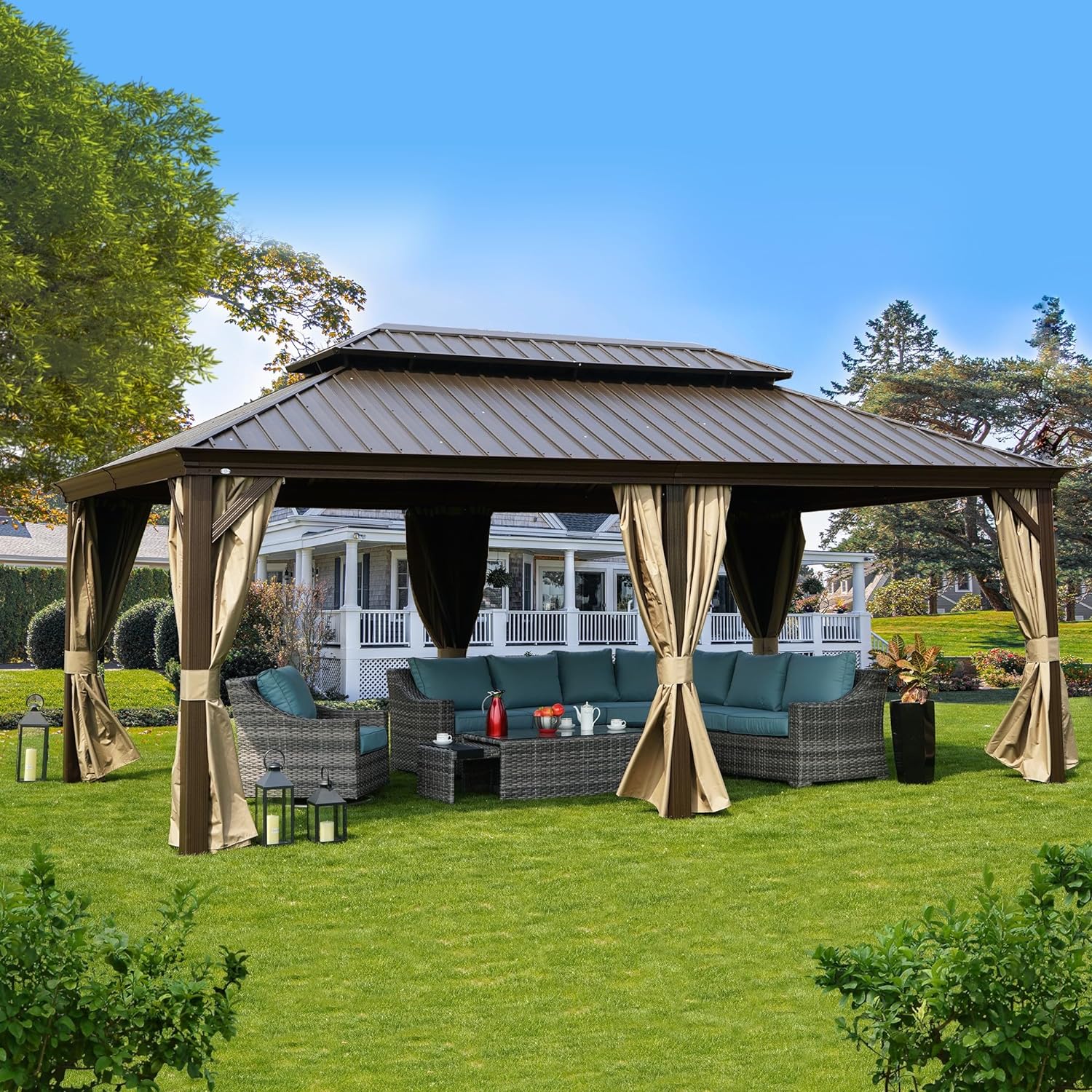 Kozyard Alexander 10' X 12' Hardtop, Aluminum Metal Gazebo with Galvanized Steel Double Roof Canopy, Curtain and Netting, Permanent Pavilion for Patio, Backyard, Deck, Lawn (Gray)