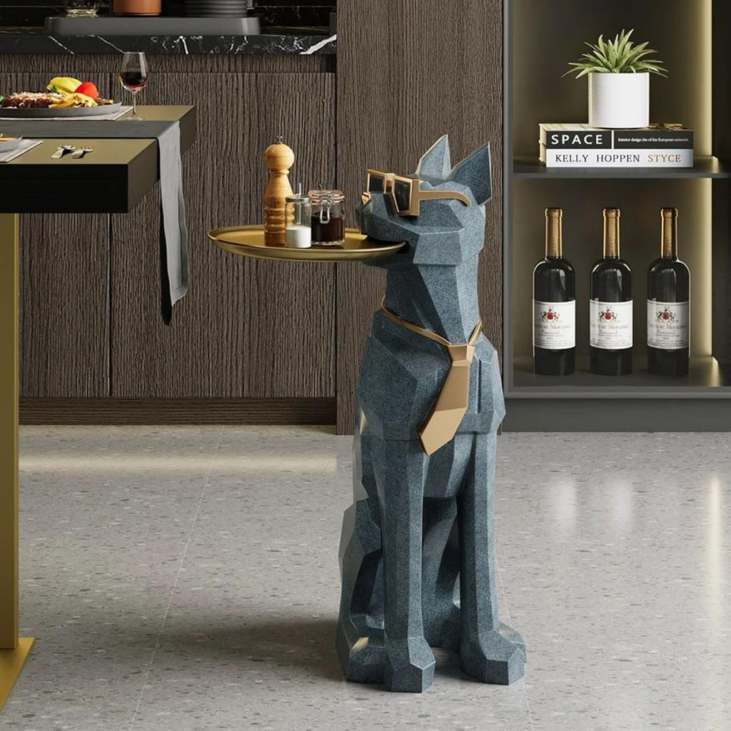 homary Modern Resin Dog Sculpture Geometric Standing Statue Cute End Side Table with Metal Storage Tray Tissue Box (White)