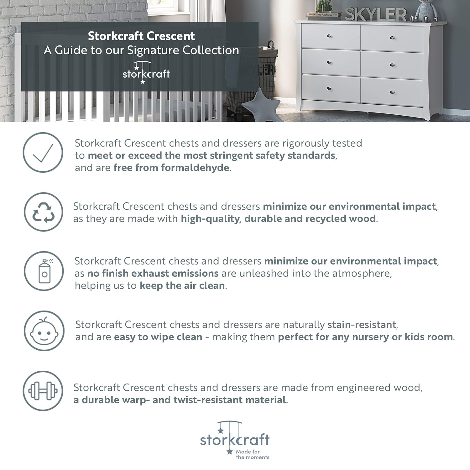 Storkcraft Crescent 6 Drawer Double Dresser (Pebble Gray) – GREENGUARD Gold Certified, For Nursery, Dresser, Kids Nursery Organizer, Chest of Drawers