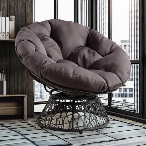 OSP Home Furnishings Wicker Papasan Chair with 360-Degree Swivel, Brown Frame with Brown Cushion