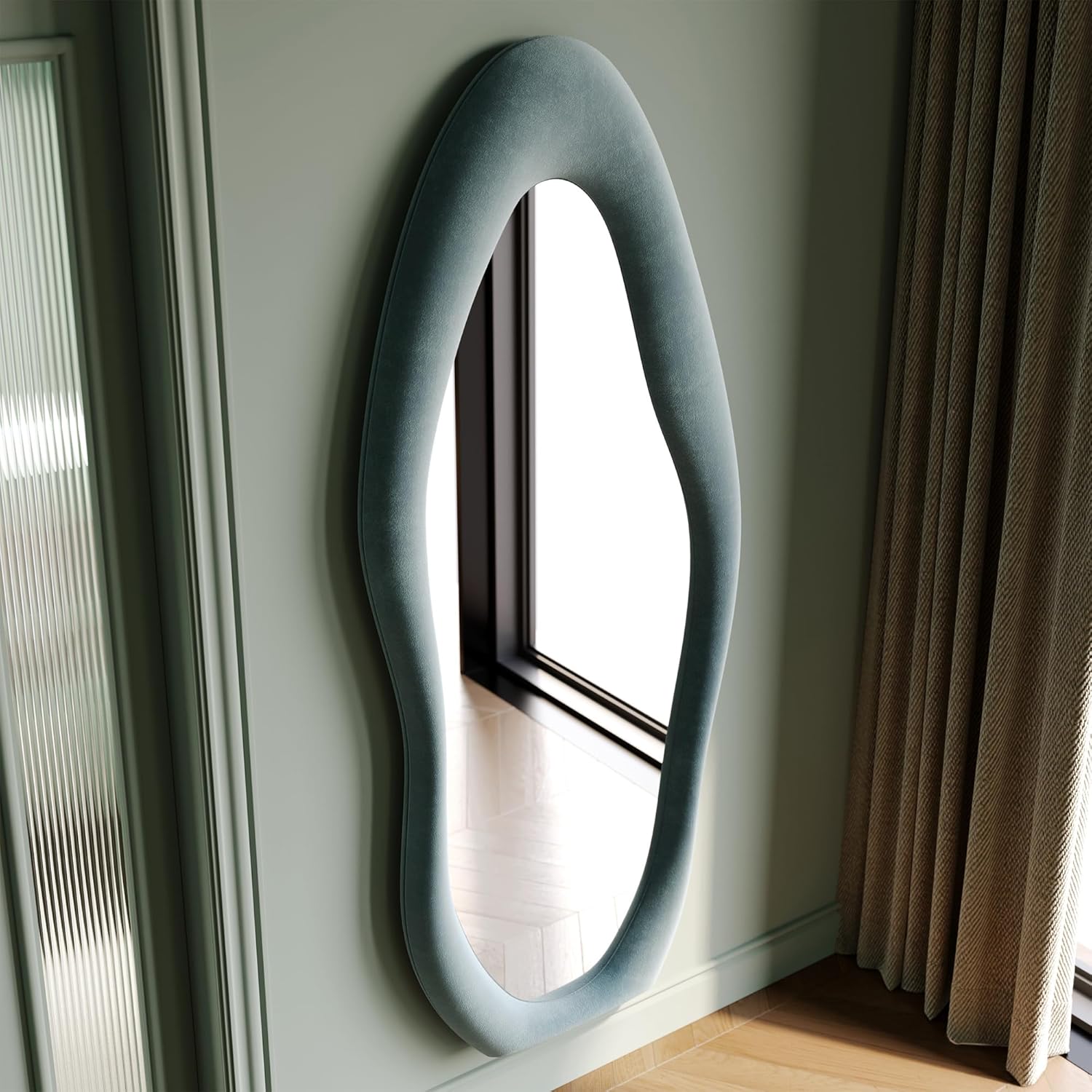 Honyee Full Length Mirror, 63" x 24" Wall Mirror, Flannel Wrapped Wooden Frame Full Body Mirror, Irregular Wavy Mirror Hanging or Leaning Against Wall for Cloakroom/Bedroom/Living Room, Ivory White