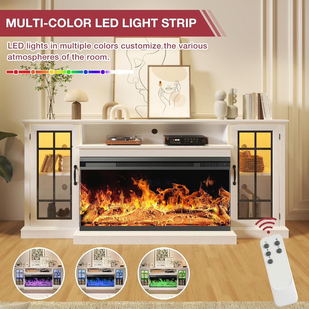oneinmil 59'' Fireplace TV Stand, 3 Sided Glass Media Entertainment Center Console Table for TVs up to 65'' with Glass Door Adjustable Flame LED Color for Living Room, Set of TV Table, White