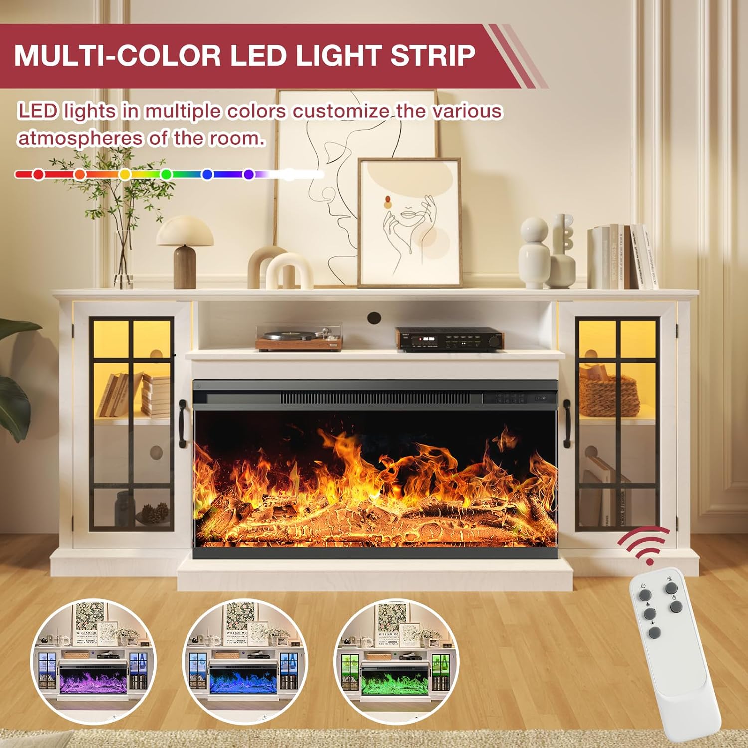 oneinmil 59'' Fireplace TV Stand, 3 Sided Glass Media Entertainment Center Console Table for TVs up to 65'' with Glass Door Adjustable Flame LED Color for Living Room, Set of TV Table, White