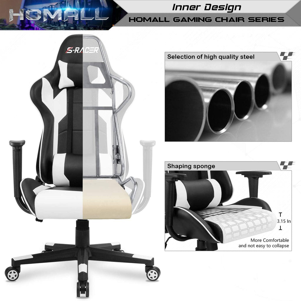 Homall Gaming Chair, Office Chair High Back Computer Chair Leather Desk Chair Racing Executive Ergonomic Adjustable Swivel Task Chair with Headrest and Lumbar Support (Dark Black)