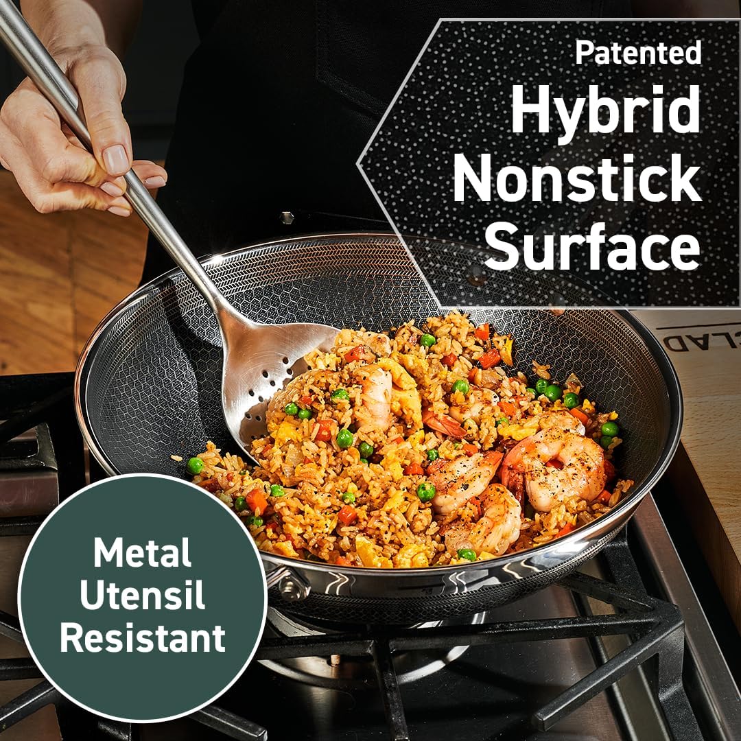 HexClad Hybrid Nonstick 14-Inch Wok with Steel Lid, Stay-Cool Handle, Dishwasher and Oven Safe, Compatible with All Cooktops, Induction Ready