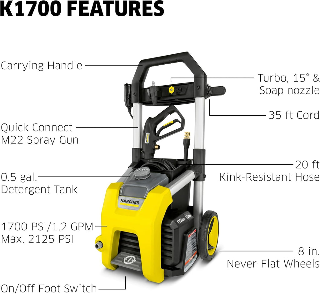 Electric Karcher Pressure Washer K1700, Max 2125 PSI, 3 Spray Nozzles, Detergent Tank, For Cars, Driveways, Siding, Patios, 1.46 max. GPM
