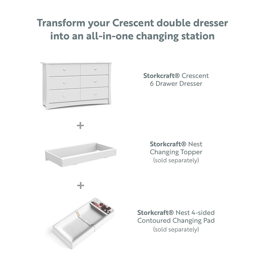 Storkcraft Crescent 6 Drawer Double Dresser (Pebble Gray) – GREENGUARD Gold Certified, For Nursery, Dresser, Kids Nursery Organizer, Chest of Drawers