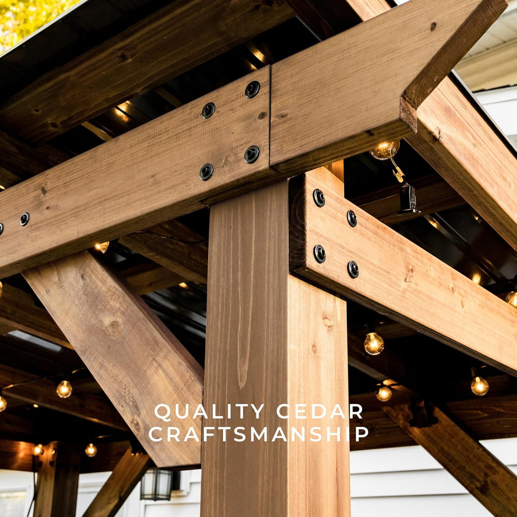 Backyard Discovery Saxony XL 12' x 6' Cedar Wood BBQ Grill Gazebo Pavilion with Hardtop Galvanized Steel Roof, Bar Tops, Powerport, Snow Support, Wind Resistance, Cook Station for Outdoor Patio, Deck