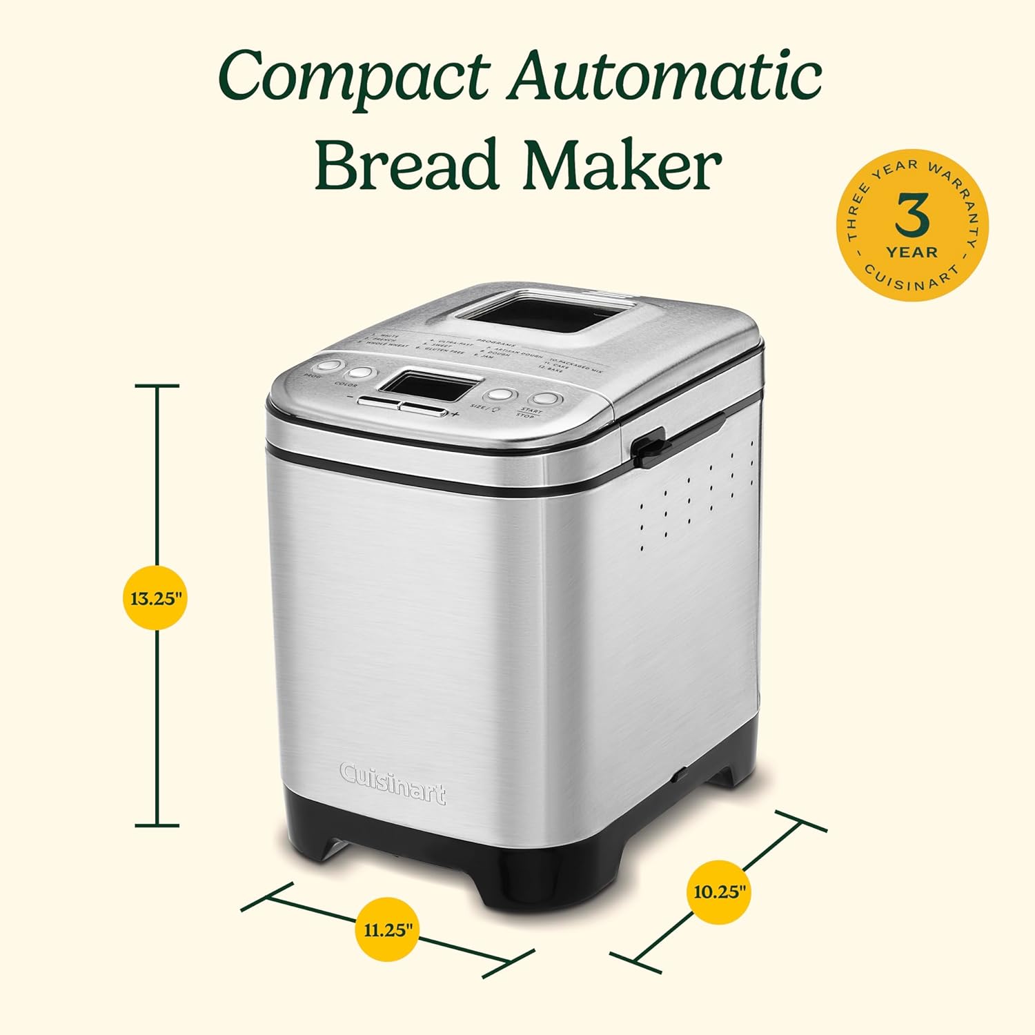 Cuisinart Convection Bread Maker Machine-16 Menu Options, 3 Loaf Sizes up to 2lbs, 3 Crust Colors-Includes Measuring Cup + Spoon & Kneading Hook, CBK-210, 12.25" x 8.85" x 13", Stainless Steel