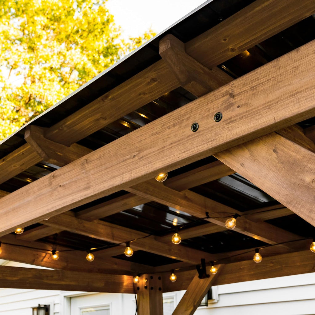 Backyard Discovery Saxony XL 12' x 6' Cedar Wood BBQ Grill Gazebo Pavilion with Hardtop Galvanized Steel Roof, Bar Tops, Powerport, Snow Support, Wind Resistance, Cook Station for Outdoor Patio, Deck