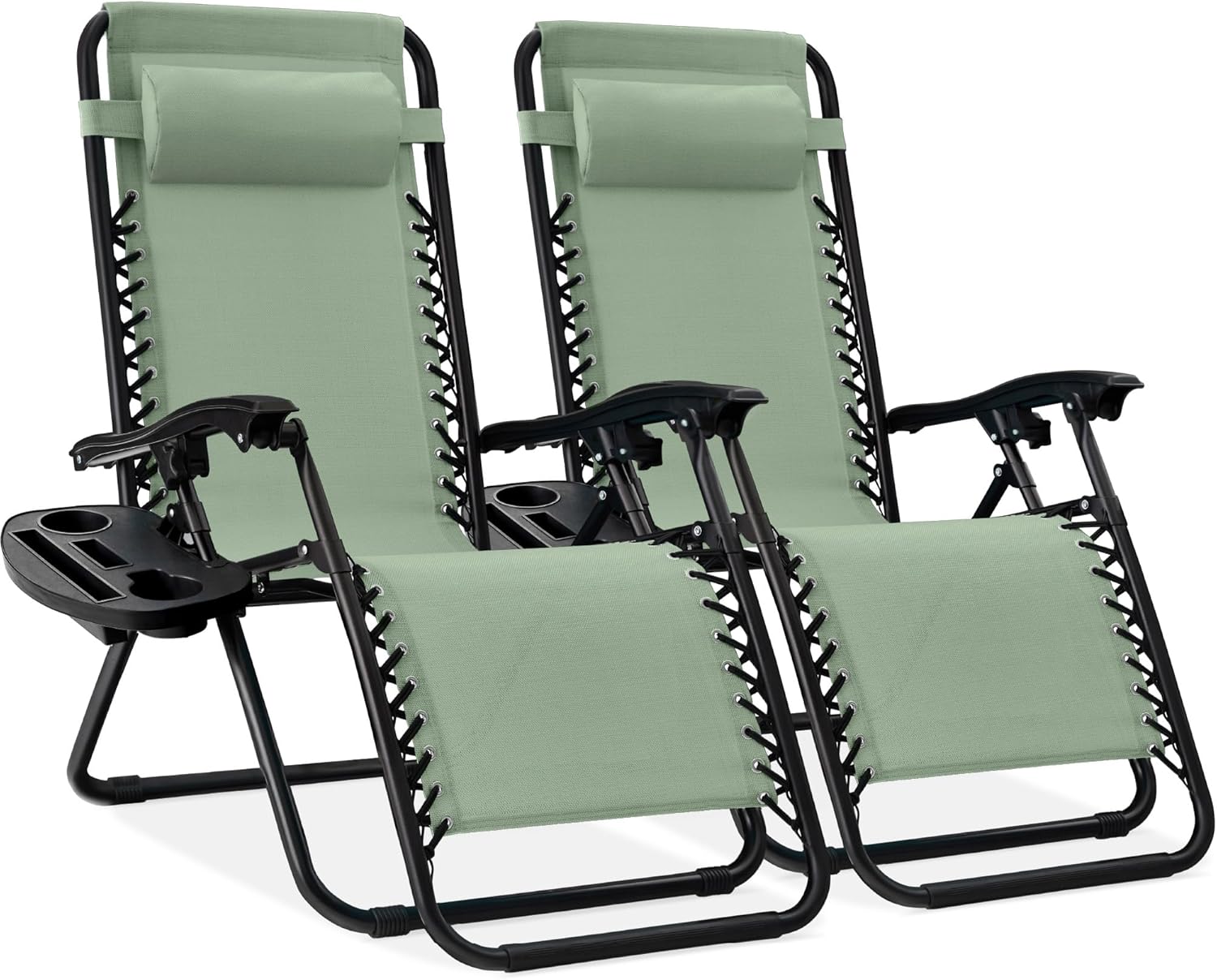 Best Choice Products Set of 2 Adjustable Steel Mesh Zero Gravity Lounge Chair Recliners w/Pillows and Cup Holder Trays - Beige