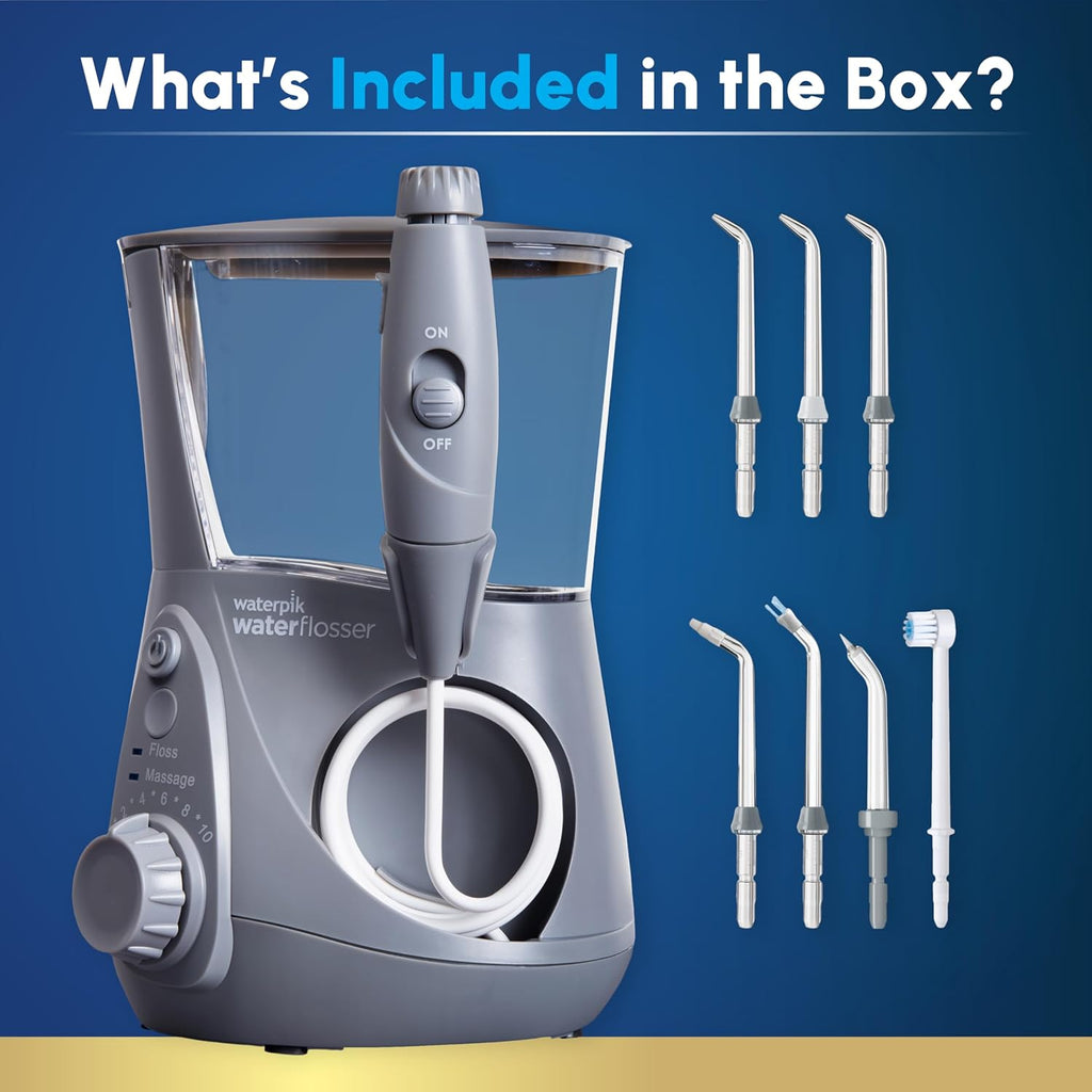 Waterpik Aquarius Water Flosser Professional For Teeth, Gums, Braces, Dental Care, Electric Power With 10 Settings, 7 Tips For Multiple Users And Needs, ADA Accepted, Gray WP-667, Packaging May Vary