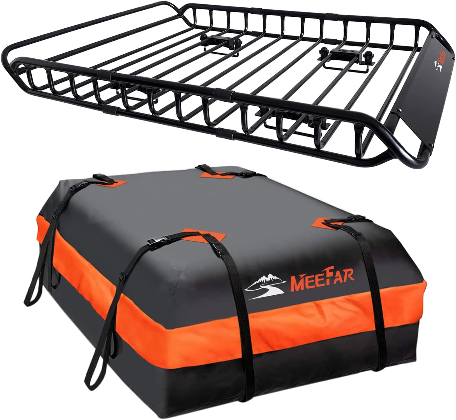 MeeFar High Rail Trailer Folding Hitch Mount Cargo Carrier Basket 60" X 24" X 14"+Waterproof Cargo Bag 20 cu ft(59" 24" 24"), Capacity of 500 Lbs with Hitch Stabilizer, Net, Lock and Straps