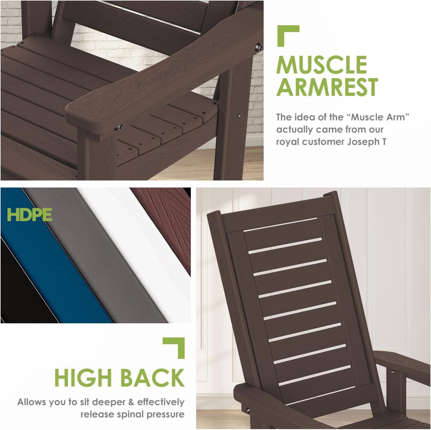 GREENVINES Outdoor Rocking Chairs | Set of 2 | Porch Rocker | HDPE Plastic | Black | Oversized Rockers | High Back | Big & Tall | Ladder Back | for Patio Outside Backyard Balcony Garden