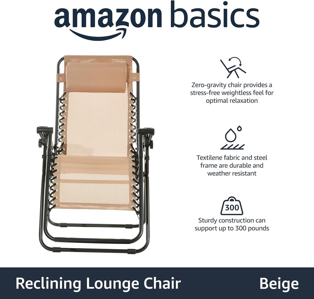 Basics Outdoor Textilene Adjustable Zero Gravity Folding Reclining Lounge Chair with Pillow, 26", Navy Blue
