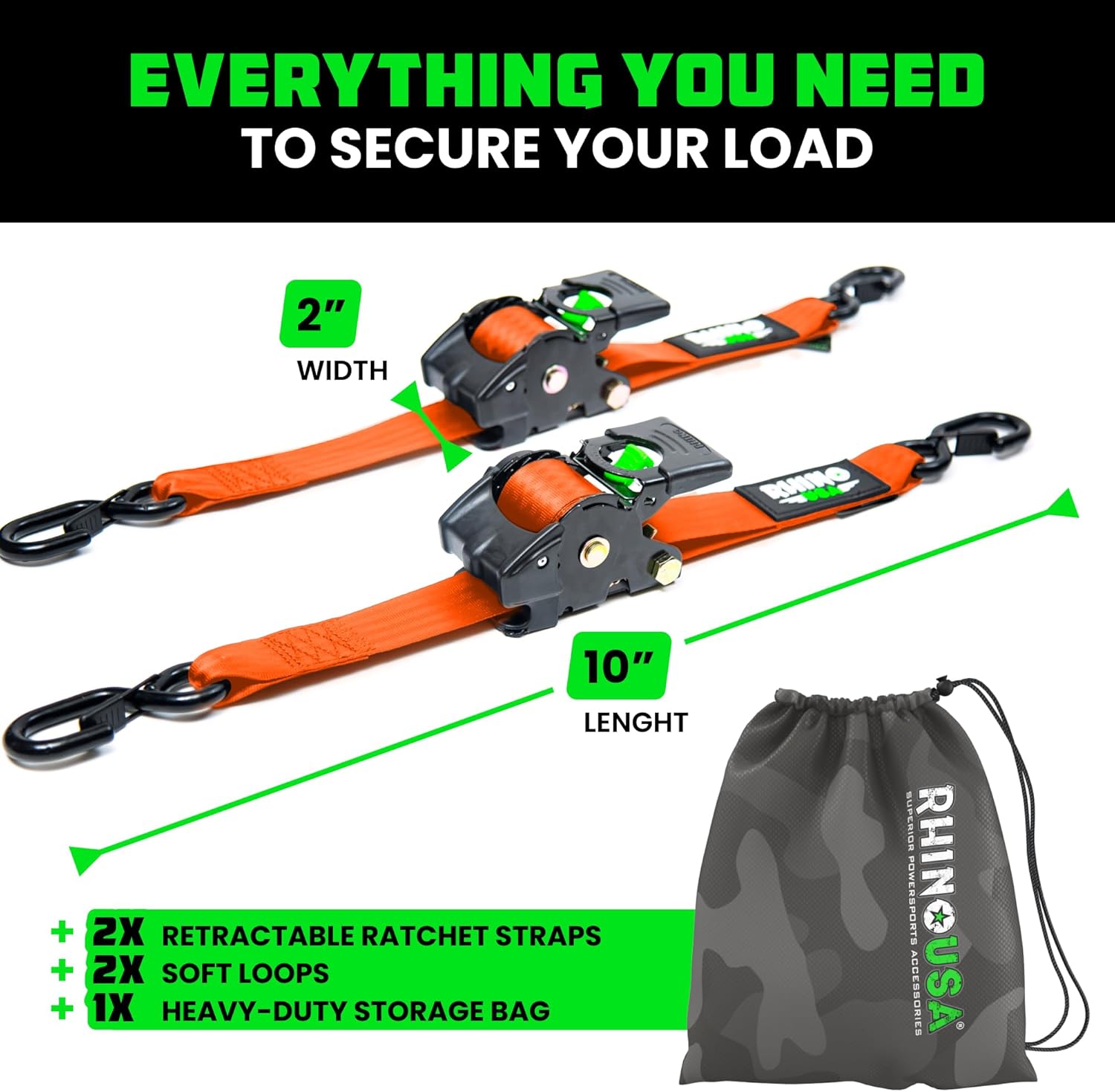 Rhino USA Retractable Ratchet Straps (2-Pack) - 2 Inch x 10 Feet (3,033lb Break Strength) - Heavy Duty Auto Self Retracting Tie Down Straps for Truck, Cargo Trailer, Motorcycle, Rad & More - Black