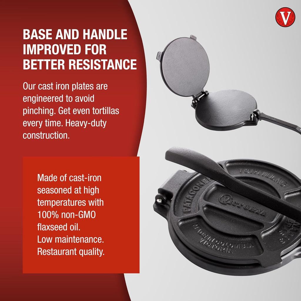Victoria 10-Inch Commercial-Grade Cast-Iron Tortilla Press, Made from Super-Durable HD Iron, Made in Colombia