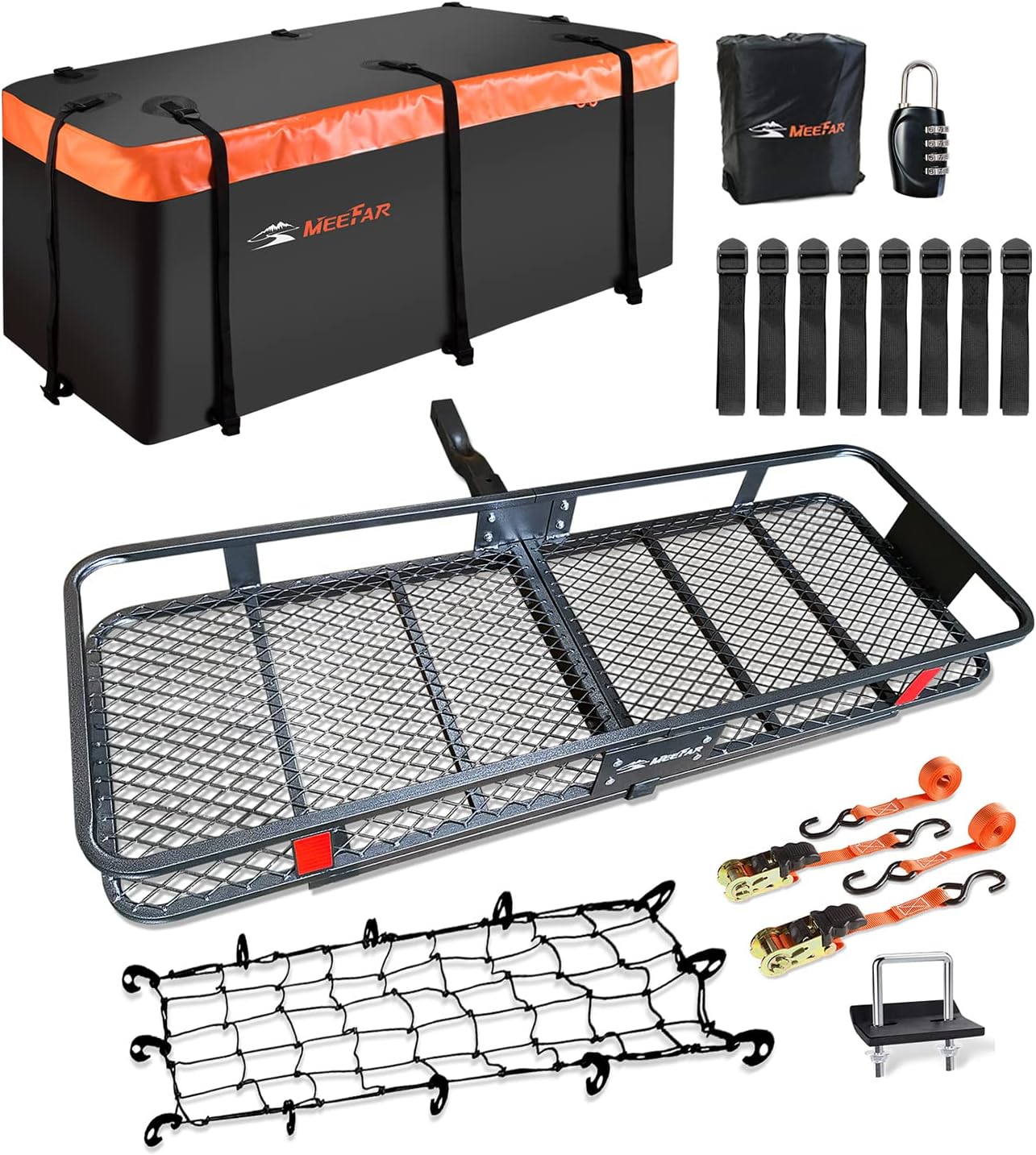 MeeFar High Rail Trailer Folding Hitch Mount Cargo Carrier Basket 60" X 24" X 14"+Waterproof Cargo Bag 20 cu ft(59" 24" 24"), Capacity of 500 Lbs with Hitch Stabilizer, Net, Lock and Straps