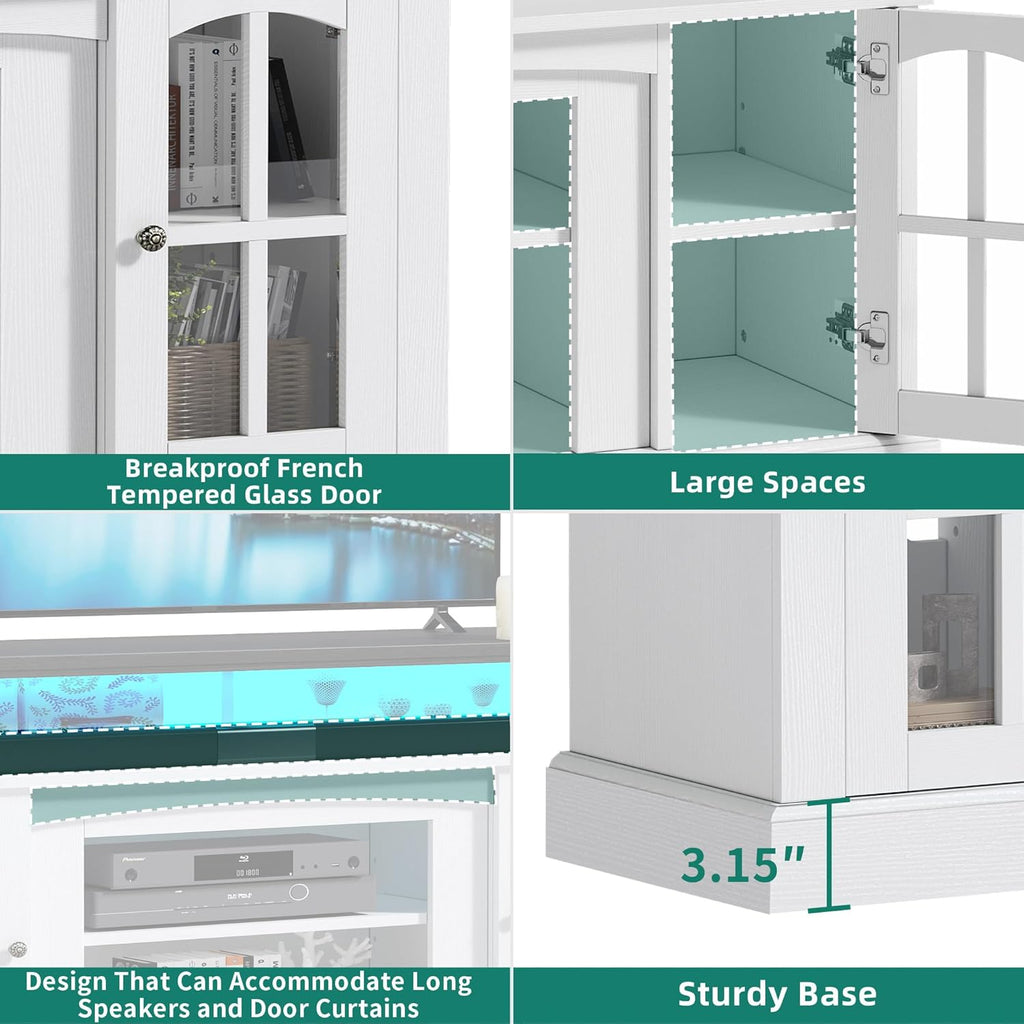 LED Farmhouse TV Stand for TV up to 75" w/Outlets, Highboy Media Entertainment Center Console Table Adjustable Storage Shelves &Cabinet Glass Door for 400lbs for Living Room