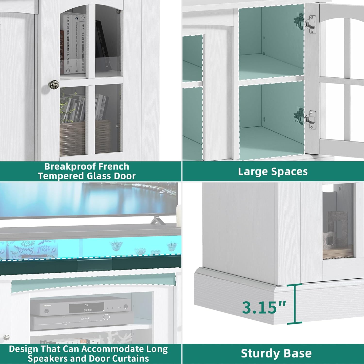 LED Farmhouse TV Stand for TV up to 75" w/Outlets, Highboy Media Entertainment Center Console Table Adjustable Storage Shelves &Cabinet Glass Door for 400lbs for Living Room