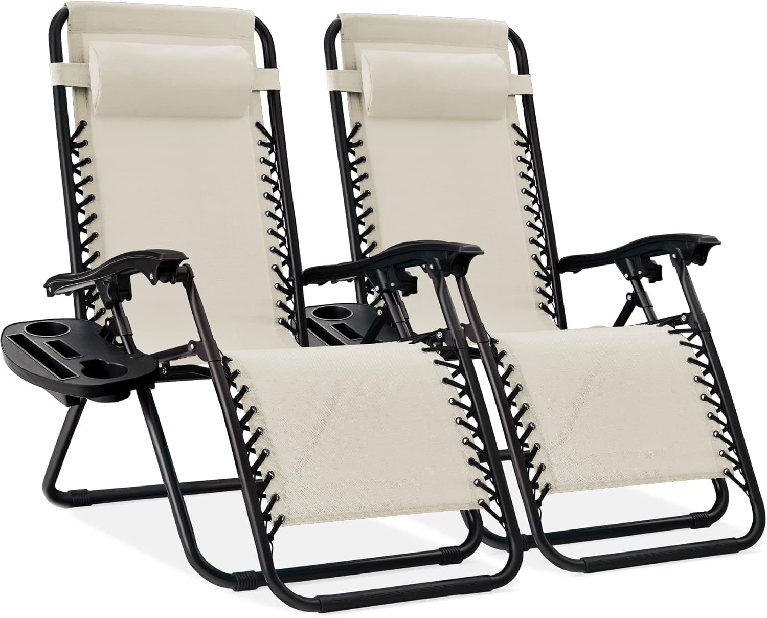 Best Choice Products Set of 2 Adjustable Steel Mesh Zero Gravity Lounge Chair Recliners w/Pillows and Cup Holder Trays - Beige