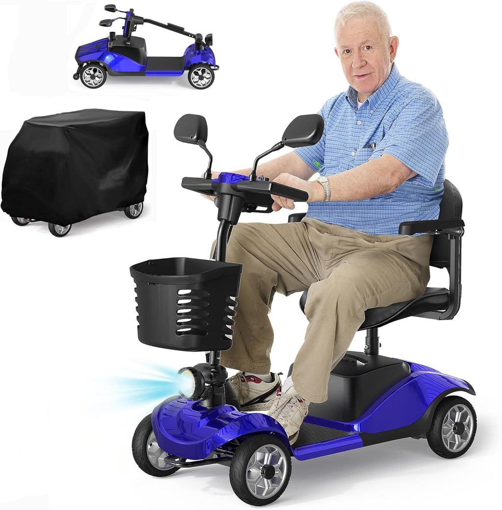 4-Wheel Mobility Scooter for Seniors, Foldable Electric Scooter, Lightweight Powered Electric Wheelchair, Compact Heavy Duty Scooter with Electromagnetic Brake, Rotating Seat, 350LBS Capacity-Red