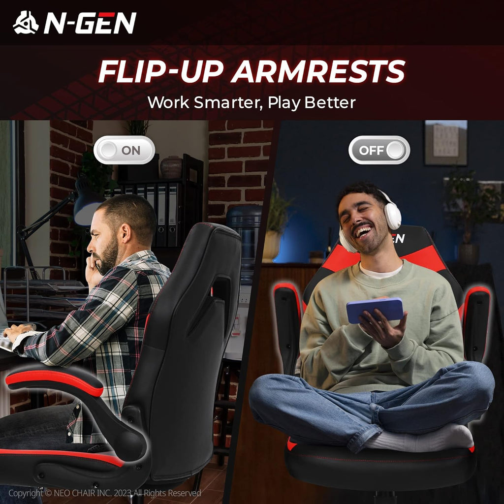 N-GEN Video Gaming Computer Chair Ergonomic Office Chair Desk Chair with Lumbar Support Flip Up Arms Adjustable Height Swivel PU Leather Executive with Wheels for Adults Women Men (Pink)