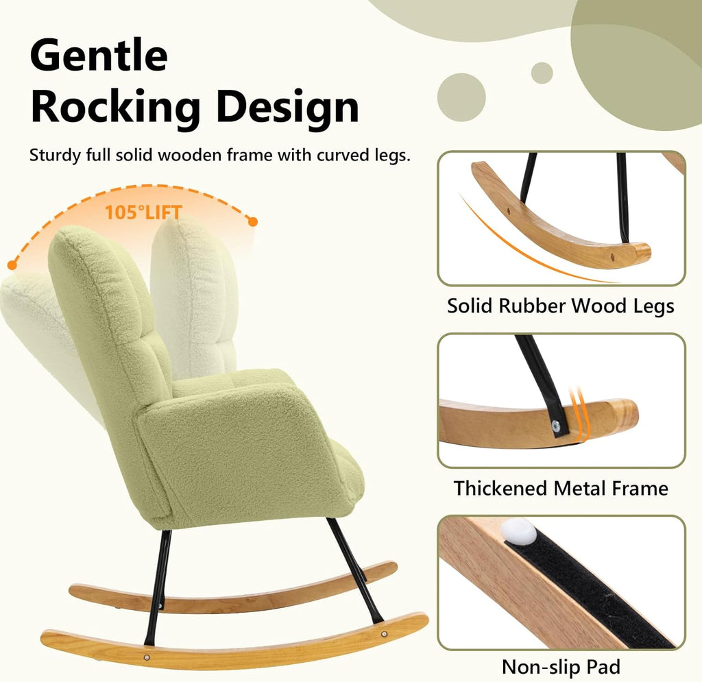 NIOIIKIT Nursery Rocking Chair Teddy Upholstered Glider Rocker Rocking Accent Chair Padded Seat with High Backrest Armchair Comfy Side Chair for Living Room Bedroom Offices (Ivory Teddy)