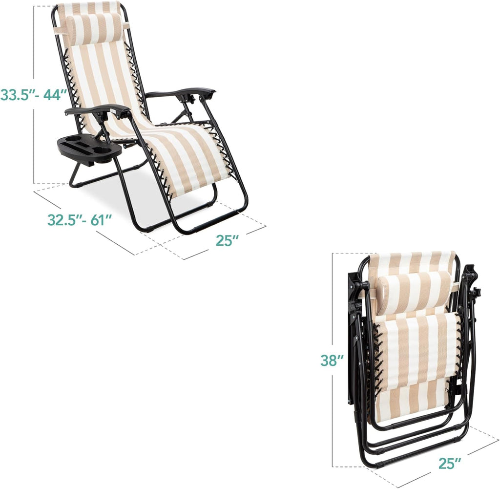 Best Choice Products Set of 2 Adjustable Steel Mesh Zero Gravity Lounge Chair Recliners w/Pillows and Cup Holder Trays - Beige