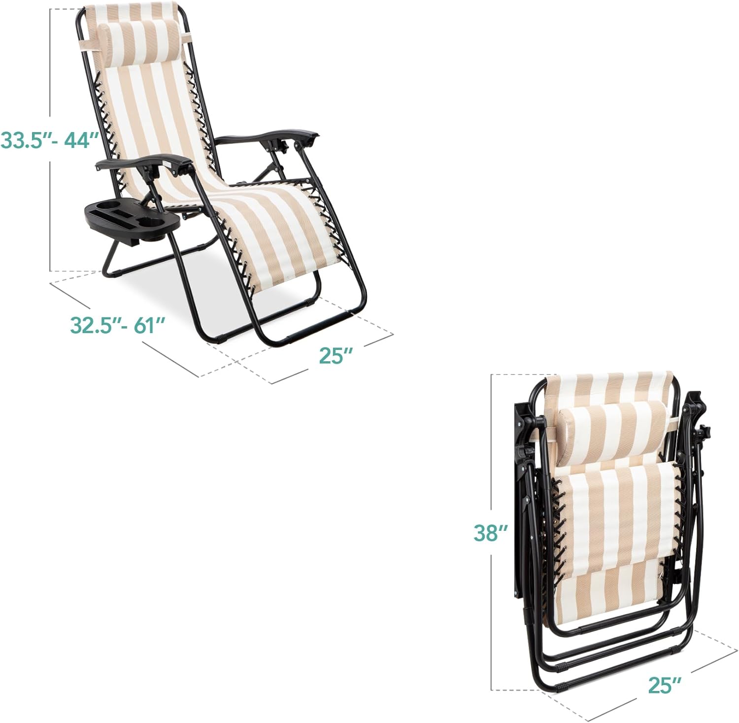 Best Choice Products Set of 2 Adjustable Steel Mesh Zero Gravity Lounge Chair Recliners w/Pillows and Cup Holder Trays - Beige