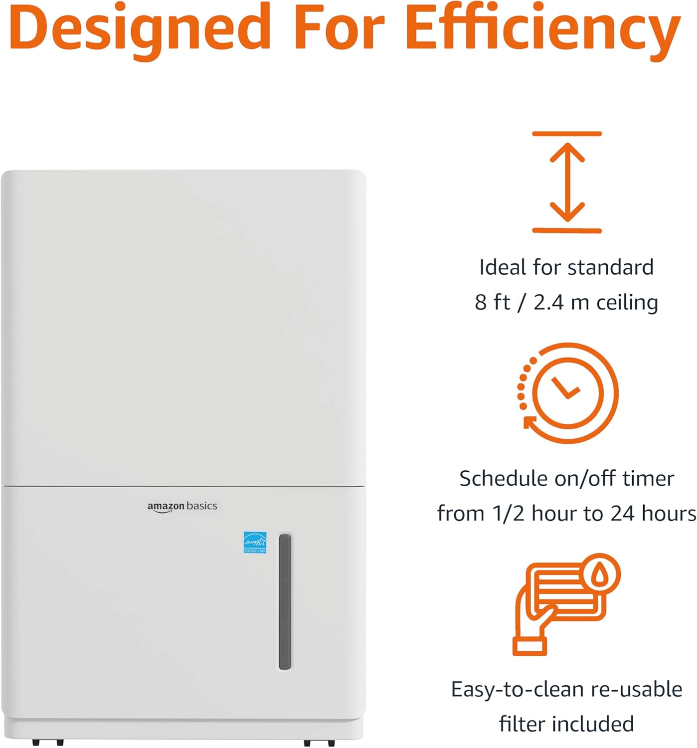 Basics Large Dehumidifier for Rooms, Energy Star Certified, Effectively Reduces Humidity, Timer, Auto-Defrost, Overflow Protection, up to 2500 SFT, 35 Pint, White