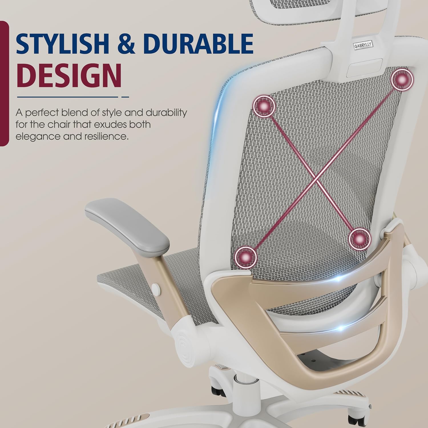 GABRYLLY Ergonomic Office Chair, High Back Home Desk Chair with Headrest, Flip-Up Arms, 90-120° Tilt Lock and Wide Cushion, Big and Tall Mesh Chairs for Man Woman, Grey Task Chair