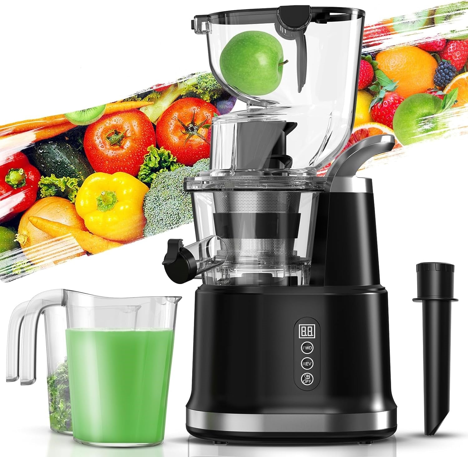Cold Press Juicer, Juicer Machines with 3.3" Large Feed Chute,Large Capacity,High Juice Yield,Slow Masticating Juicer for Fruits and Vegetables, Self Feeding for Juice Extractor,BPA-Free,Black