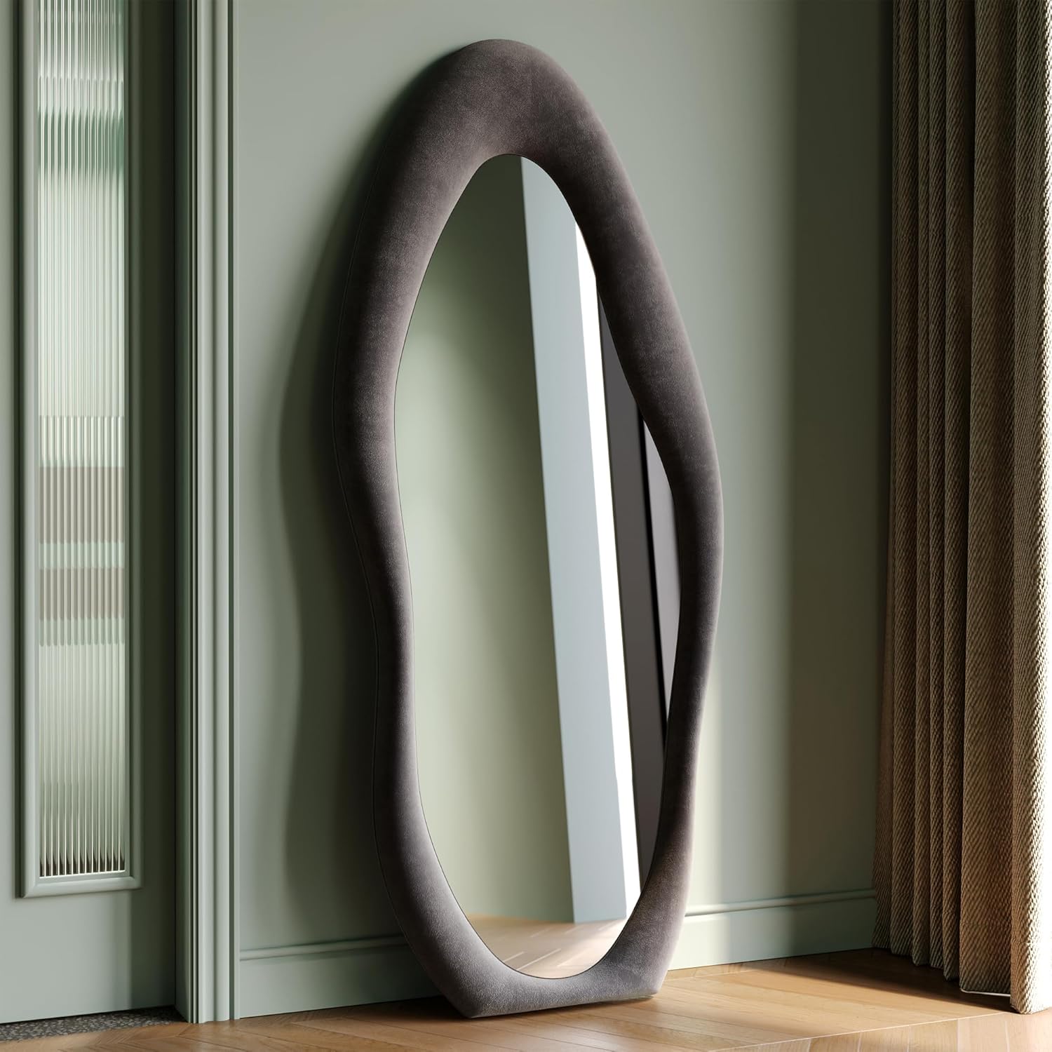Honyee Full Length Mirror, 63" x 24" Wall Mirror, Flannel Wrapped Wooden Frame Full Body Mirror, Irregular Wavy Mirror Hanging or Leaning Against Wall for Cloakroom/Bedroom/Living Room, Ivory White