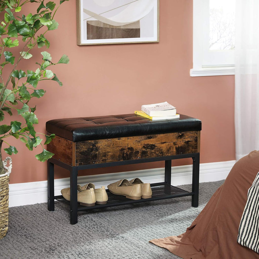 VASAGLE Shoe Bench, Storage Bench with Cupboard and 9 Open Compartments, Shoe Shelf, Padded Seat, Barn Door, 11.8 x 43.3 x 18.9 Inches, Rustic Brown ULHS058X01