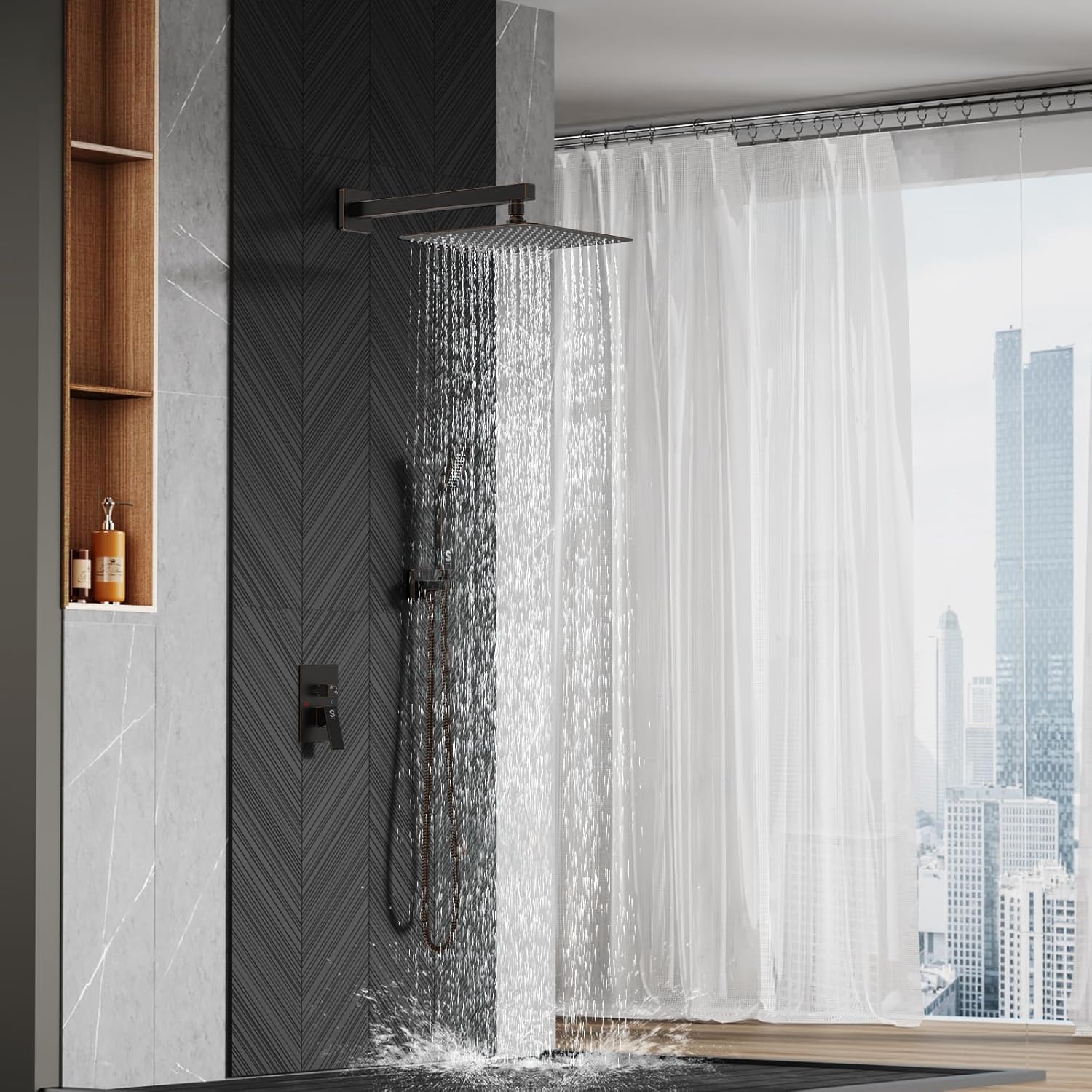 SR SUN RISE 12 Inches Matte Black Shower System 12 Inch Brass Bathroom Luxury Rain Mixer Shower Combo Set Wall Mounted Rainfall Shower Head System Shower Faucet Rough-in Valve Body and Trim Included